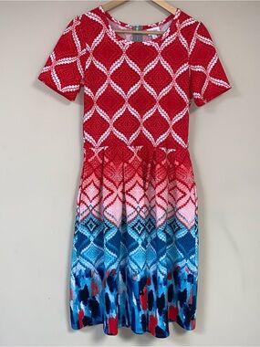 LuLaRoe Amelia Patriotic Dress Women’s Large Fit Flare Pleated Red Blue 4th July